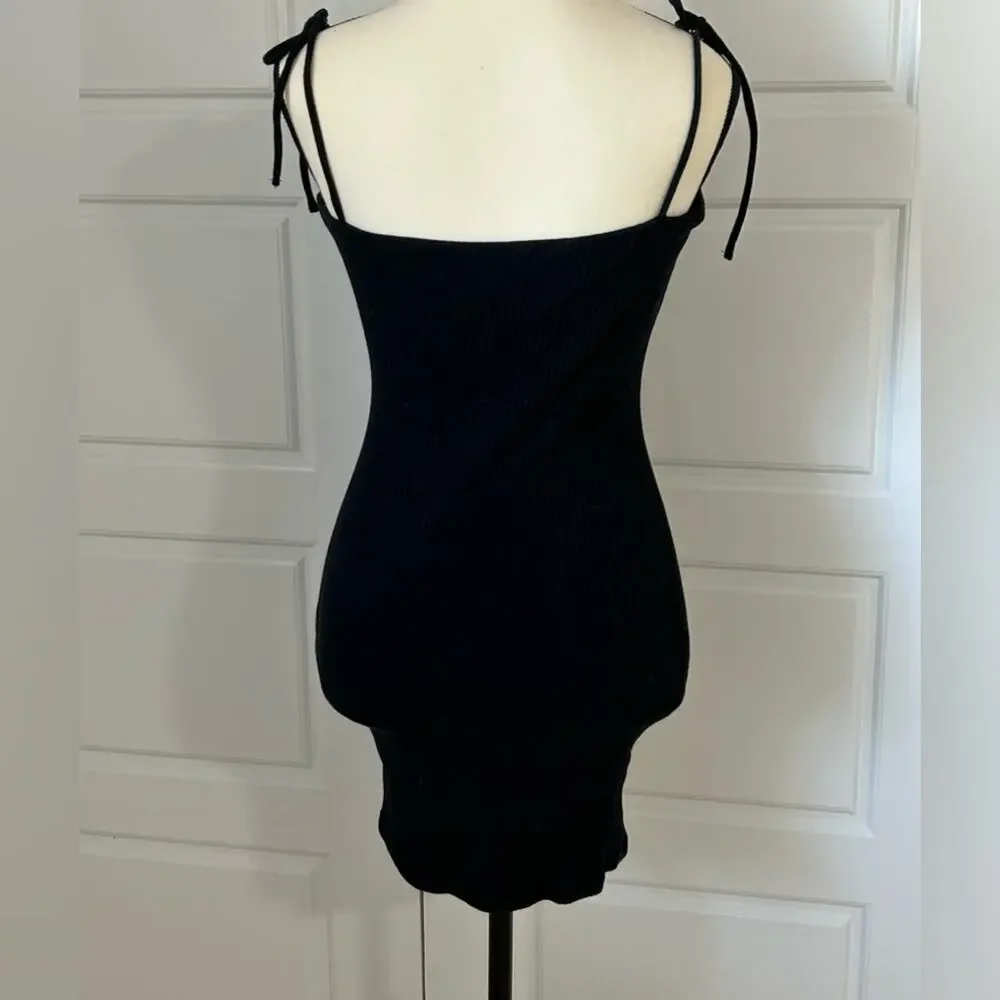 Princess Polly black ribbed mini dress bow tie strap slit size US 4 - Picture 3 of 9